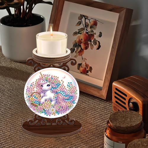 Diamond Art Painting Candlestick Holder kits, Unicorn DIY shaped crystal Diamond partial art painting, woodiness Candle holder for AromaRelax & Home Decor, Christmas Halloween Ornaments (Double-Sided) - color: Rainbow Unicorn