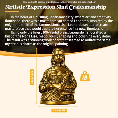 CHOVY Mona Lisa Brass Statue - 100% Solid Handcrafted Bust, Renaissance-Style Art Decor, Vintage Collectible Figurine, Desktop & Bookshelf Display, for Art Lovers Antique Gold Finish - style: Mona Lisa