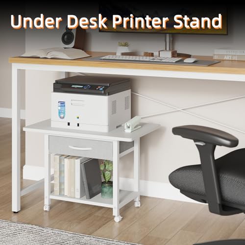 YAOHUOO 22"x15" Large Printer Stand with Storage Drawer, 2-Tier Under Desk Table for Home Office, Fits Fax Machine/3D Printer/Scanner (White) - color: White, size: 2-Tier