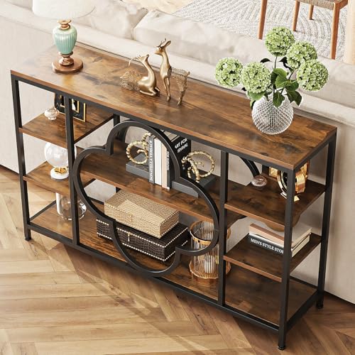 GiftGo 47" Farmhouse Console Tables for Entryway Retro Sofa Table Behind Couch Open Display Storage Shelves for Foyer, Hallway, Front Door,Living Room,Elegant Four-Leaf Clover (Rustic Brown, 47")