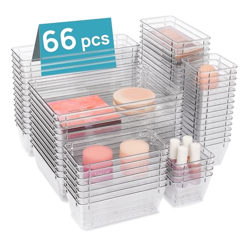 Vtopmart 66 PCS Clear Plastic Drawer Organizer Bins, 4-Size Versatile Bathroom and Vanity Organizer Trays, Acrylic Storage Containers for Makeup, Jewelry, Toiletry, Kitchen Utensils and Office Supply - style: 66 PCS