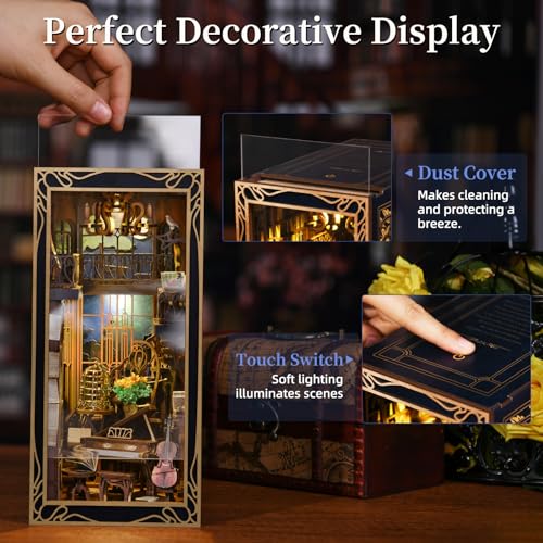 MiniCity DIY Book Nook Kit, Miniature Dollhouse Booknook Kit, 3D Wooden Puzzle Bookend Bookshelf Insert Decor with LED Light for Teens and Adults (Pianist with Nightingale) - style: Pianist with Nightingale