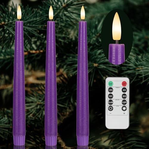 Purple Flameless Taper Candles with 3D Wick, 9.6" Real Wax LED Candles with Remote, 3 Pack Flickering Candlesticks Battery Operated, Classic Tall Taper Candle for Home, Wedding, Party - color: Purple