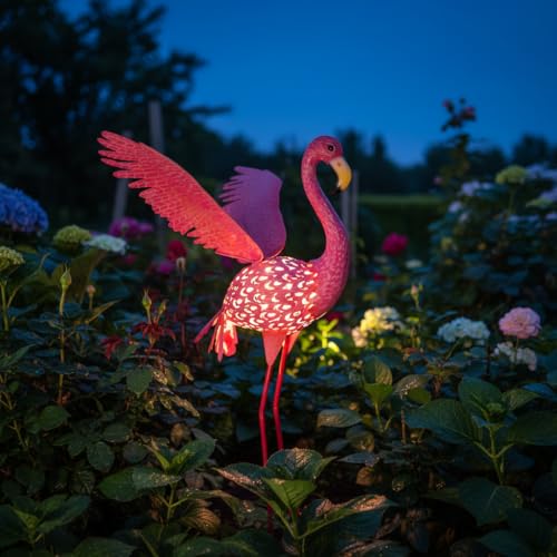 43" Metal Flamingo Garden Sculptures with Solar Light, Pink Flamingo Yard Art - Large Outdoor Lawn Ornaments & Decor for Patio, Backyard, Garden - size: 43Inch