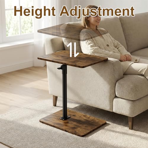YUHFERA Sofa Armrest Tray Table for Couch - 360 Swivel Height Adjustable End Table for Small Spaces, Snack Side Table for Bed or Chair with Phone & Tablet Slot (Rustic, Enlarged) - color: Rich, size: Enlarged