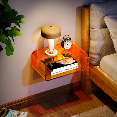 Acrylic Floating Nightstand, Bedside Table, Nightstand Shelf Wall Mounted Bedside Shelf (Orange, Small) - color: Orange
