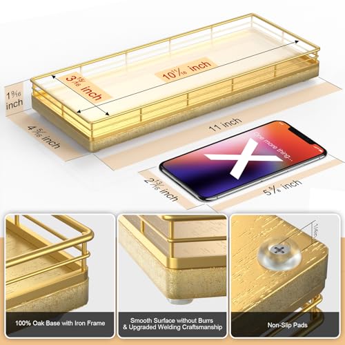 Bathroom Tray for Counter, Oak Wooden 11.2" L Decorative Vanity Tray for Dresser Tops, Kitchen Countertop Organizer, Gold Brushing - color: All Golden, size: 11" x 4.3" x 1.5"