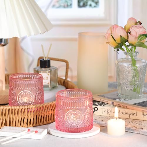 6Pcs Large Votive Candle Holders Pink Glass Tealight Candle Holders for Wedding, Table Centerpiece, Party, Birthday, Home Decor - color: Pink