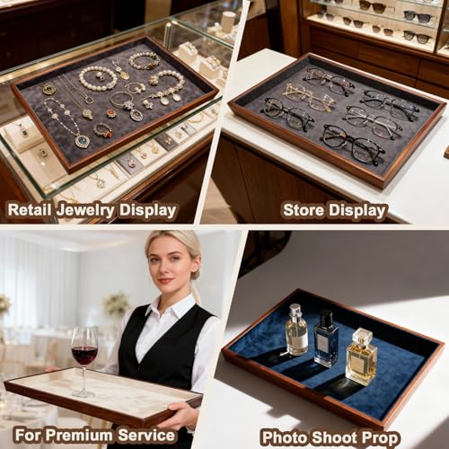 Large Solid Wood Jewelry Watch Tray, Velvet Jewelry Board Display Trays for Key Wallet Ring，Stackable Wooden Jewelry Drawer Organizer Showcase Jewelry Holder(Grey) - color: Gray