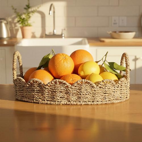 Household Essentials Round Handwoven Seagrass Tray with Scalloped Edge and Handles, Natural - color: Natural Seagrass, size: 14"