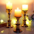 OwnMy Set of 3 Rose Gold Metal Pillar Candlestick Holders Brass Pillar Candle Holders for 3 Inch Candles, Elegant Metal Crystal Candle Stands for Dining Table, 6.7"+8.3"+9.3" Height Set