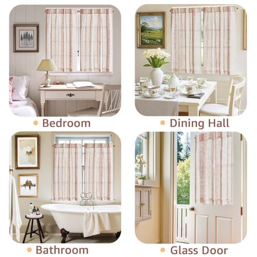 jinchan Liora Boho Kitchen Curtains 24 Inches Linen Tier Curtains with Geometric Pattern Bohemian Cafe Small Light Filtering Window Treatment for Living Room RV Back Tab 2 Panels Terracotta on Linen - color: Liora | Terracotta on Linen, size: 26"W x 24"L