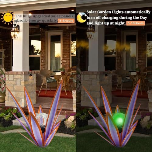Metal Agave Plant Garden Art, 2 Pack Tequila Rustic Sculpture, Rustic Metal Agave Plants Garden Lawn Home Ornaments, for Yard Stakes, Garden Figurines, Outdoor Patio (2 PCS Purple with Light) - color: 2 Pcs Purple With Light