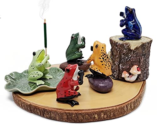 2" Dark Blue Frog On 4" Wide Lotus Leaf Ceramic Incense Stick Holder Artistic Collectible Figurine for Adult Collectors Interior Accent Gift Handcrafted Porcelain Home Room Decor