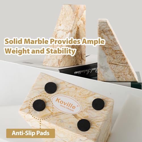 Koville Marble Bookends for Shelves, Large Bookends for Heavy Books, Natural Stone Book Stopper for Books CD Movies, Aesthetic Decorative Book Ends, Bookshelf Table Home Decor(Gold) - color: Trapezoid-gold