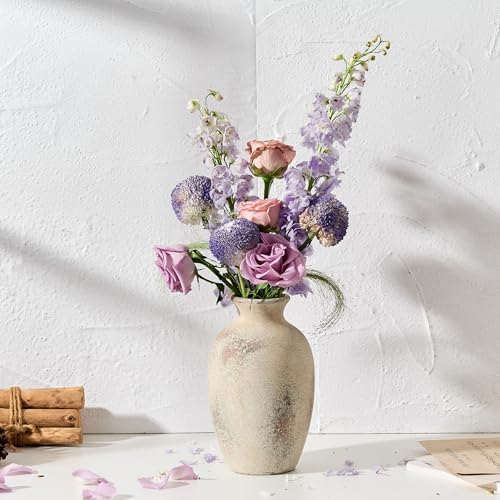 PORCER Ceramic Rustic Flower Vase, 8.27 Inch Vintage Pottery Home Decor, Antique Farmhouse Terracotta Vase for Living Room, Table, Shelf, Mantel Decoration, Farmhouse - Natural Brown - color: Natural Brown- 8.27"