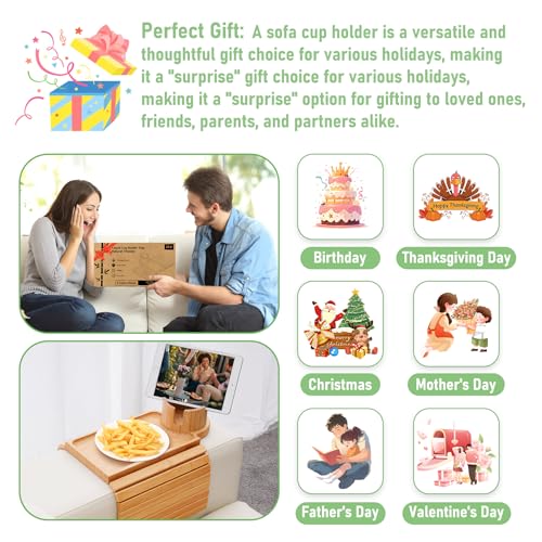 SINWANT Couch Cup Holder Tray,Large Bamboo Couch Armrest Table with Cup Holder,Foldable Anti-Slip Sofa Arm Tray for Coffee Cup,Water Bottles,Mug,Snacks,Remote - color: Bamboo