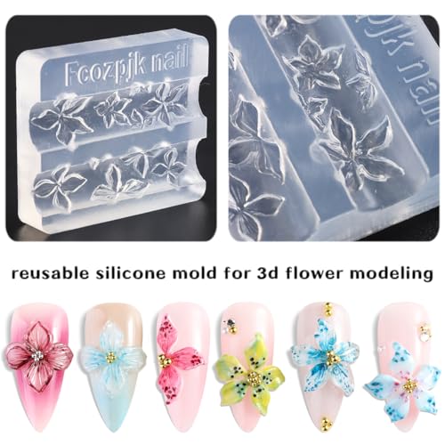Fcozpjk Hard Gel for Nails, 4 Colors Solid Builder Gel Kit with Silicone Carving Mold Clear Pearly White Brown Nude Pink 3D Sculpting Gels Flower Charms DIY Modeling Design Nail Salon Supplies - color: 01-02-03-04-mold