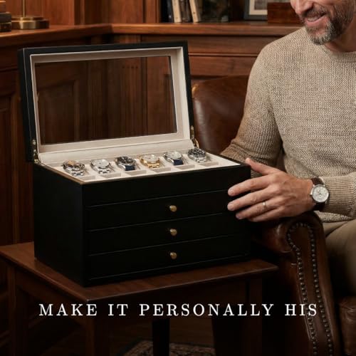 Bey-Berk Custom Personalized Watch Box Organizer - 48 Slot Luxury Solid Wood Designer Display, Large Watch Slots - color: Black