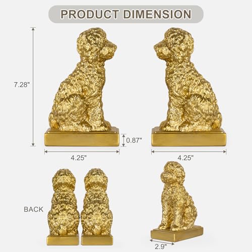 Poodle Decorative Bookends for Shelves, Dog Book Ends for Heavy Books, Toy Poodle Statues Bookends for Heavy Books with Anti-Slip Base Book Holders for Home Office Decor (Gold)