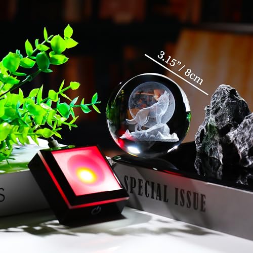 Qianwei Wolf Gifts: 3D Crystal Ball - 3.14'' Laser Decor Glass Animals Figurines Statue & Night Light - style: Wolf Moon