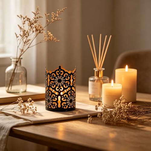 Hosley Set of 3 Black Metal Candle Holders 4 Inch High - Lattice Cut Lanterns for Table Centerpiece, Wedding, Home Decor, Indoor Outdoor - color: Black 3 Pack, size: 4 inch High