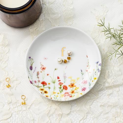 Crisky Initial Jewelry Tray Ring Dish & Gift Box, Ceramic Flower Trinket Dish for Rings Earrings Necklaces Keys, Bridal Shower Engagement Birthday Gift for Women, Friends 4.57" (Gold Foil F - style: Initial F
