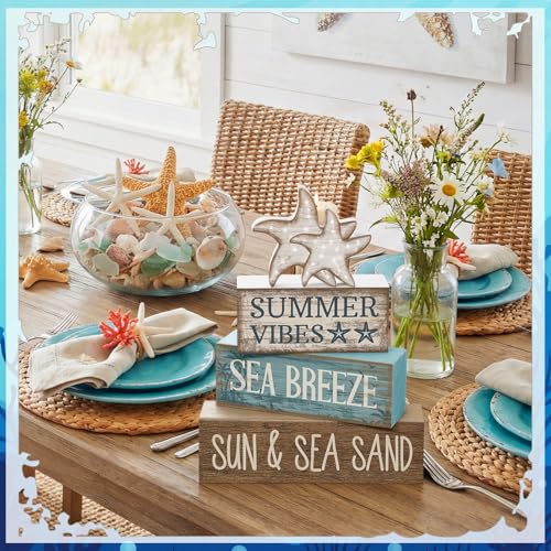 Yuntau 4 Pcs Summer Beach Decorations for Home Beach Tiered Tray Decor Starfish Coastal Rustic Starfish Wooden Block Table Sign Stacked Book Nautical Table Centerpiece for Farmhouse Office Desk Shelf - style: Retro Starfish