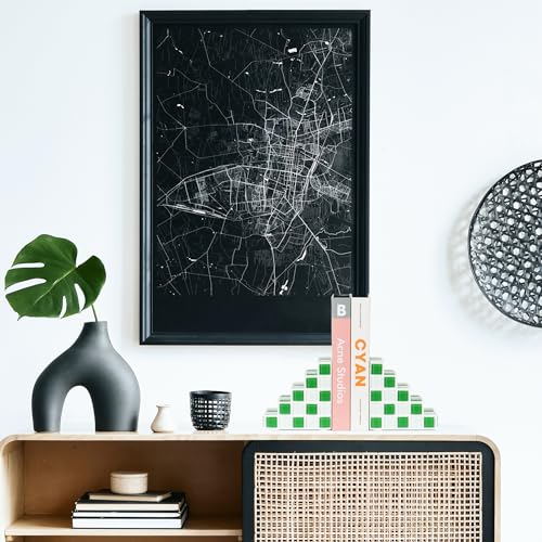Decorative Bookends for Shelves - Stair Book Ends for Heavy Books - Unique Book Stopper & Holder for Shelves - Modern Home Decor Aesthetic Bookshelf Decor (Green & White) - color: Green & White