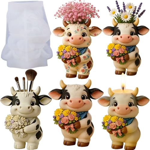 1Pc Highland Cow Epoxy Resin Casting Mold 3D Animal Candle Jar Silicone Mold for Concrete DIY Flower Pot Pen Holders Makeup Brush Tray Organizer Jewelry Storage Box Reusable Home Decor - color: Cow Resin Mold