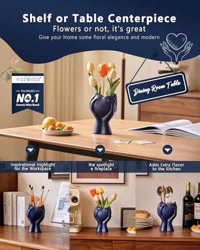 8" Heart Hand Navy Blue Ceramic Vase - Unique Modern Aesthetic Flowers Vase for Living Room Bedroom Office Kitchen Table Centerpiece or Shelf Decor-Gifts for Wedding Bridal Shower Women Mom (Blue) - color: Blue