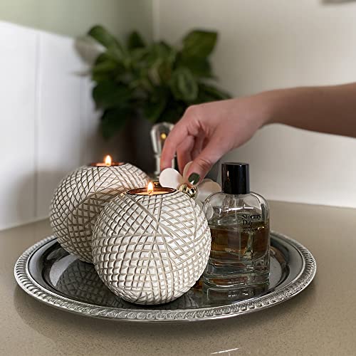 Luca Orb Tea Light Candle Holders (Gift Boxed Set of 2) Grid Pattern, Beige and White - color: Beige and White
