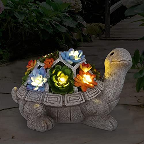Nacome Solar Garden Outdoor Statues Turtle with Succulent and 7 LED Lights - Lawn Decor Statue for Patio, Balcony, Yard Ornament - Gifts for Mom Grandma Women - color: Grey Turtle