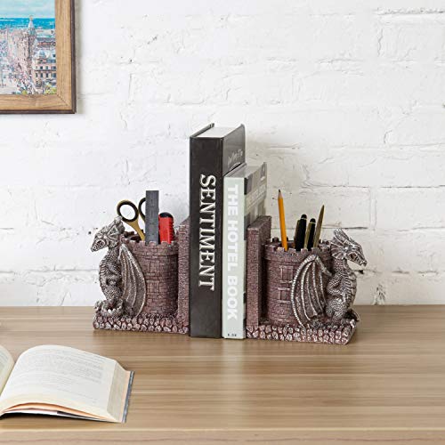Bookends Dragon,Guard Castle Resin Decorative Bookends for Heavy Books with Pencil Holders, Fantasy Themed Book Holder for Home and Office - color: Stone Color