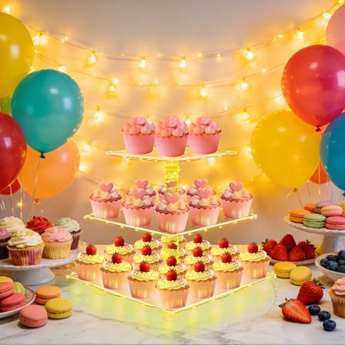 YestBuy 3 Tier Clear Square Cupcake Stand - Premium Cupcake Holder - Acrylic Cupcake Tower Display - Candy Bar Party Décor + LED Light String - Ideal for Weddings, Birthday Parties (Yellow Light) - color: Yellow, size: 3 tier
