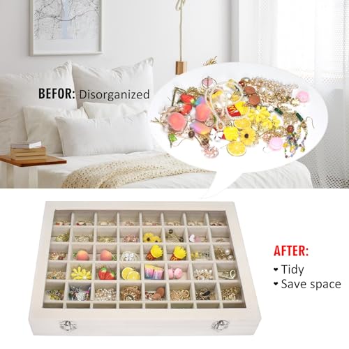 Vicoter Velvet Jewelry Tray 48 Compartments Jewelry Display Organizer with Transparent Cover Rings, Earrings, Necklaces, Pendants Storage Box for Girls, Wives, Mothers, Women - color: Beige, size: 48 Grid