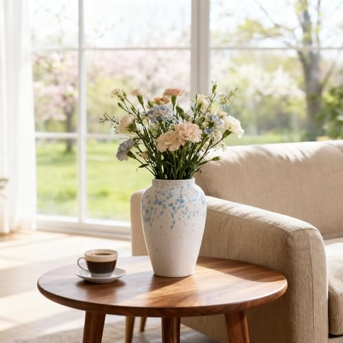 6” Tall Ceramic Vase for Home Decor, Heavyweight Speckled Ceramic Flower Vase for Farmhouse Centerpieces, Modern Table Mantel Shelf Decor, Perfect for Fresh or Artificial Flowers (White) - color: White
