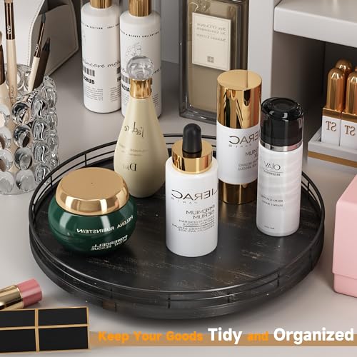 13" Oak Bathroom Vanity Tray Turntable for Perfume Candle, Round Wooden Decorative Tray for Kitchen Sink Countertop Organizer, Bathroom Counter Organizer for Skincare Makeup, Farmhouse Black Gold - color: Black, size: 13 inches