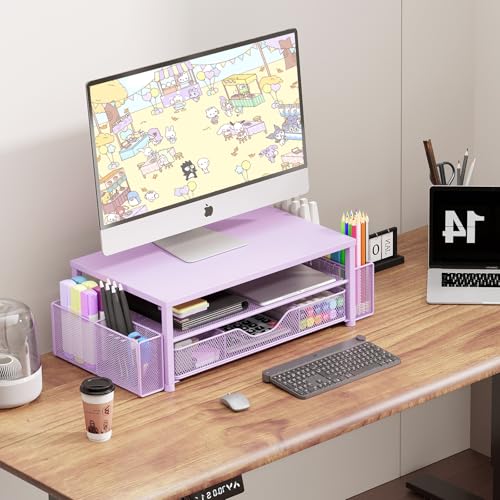 OPNICE Desk Organizers and Accessories, 2-Tier Computer Monitor Stand Riser with Drawer and 2 Pen Holders, Laptop Stand, Office Desk Accessories & Office Decor for Women, Purple - color: Purple 1-Pack