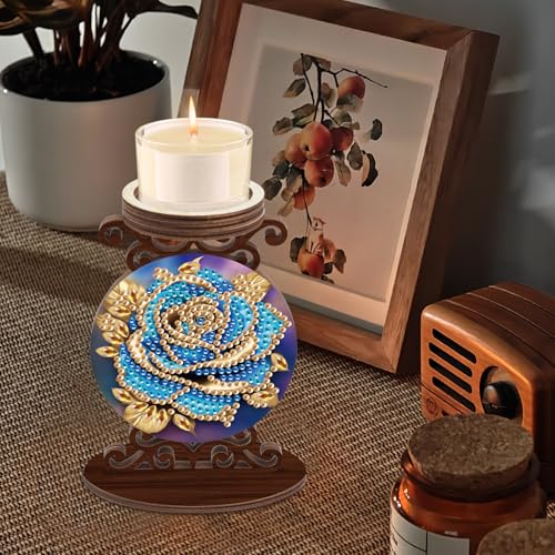 Diamond Art Painting Candlestick Holder kits, Blue Rose DIY shaped crystal Diamond art painting, woodiness Candle holder for AromaRelax & Home Decor, Christmas Halloween Ornaments (Double-Sided) - color: Blue Rose