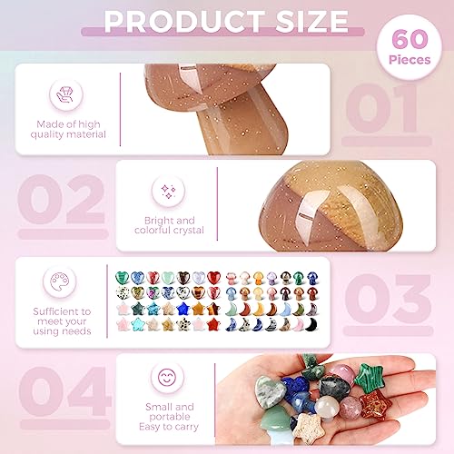 Nuenen 60 Pieces 20 * 20 * 6 mm Crystal Mushroom Sculpture Heart Shaped Moon Star Crystals Stones Bulks Worry Stones Assorted Hand Making Palm Thumb Gemstones for Witchcraft Meditation Reiki(Classic) - color: Classic, size: 20*20*6 mm