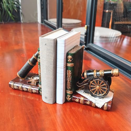 Brown Nostalgic Nautical Bookend Telescope Book Supports Anti-Slip Base Resin (Set of 2) Book Ends to Hold Books Nautical Enthusiast Home Office Shelf Bookcase Decor Gift