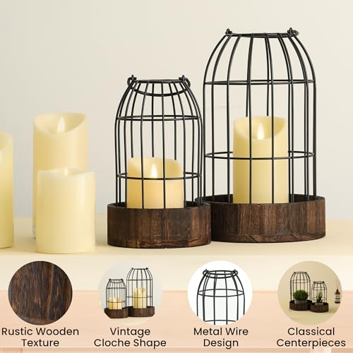 Perfnique Decorative Candle Lantern, Set of 2 Farmhouse Table Lanterns for Home Decor, Rustic Table Centerpieces for Dining Room, Fireplace Mantle Kitchen Decoration (Walnut)