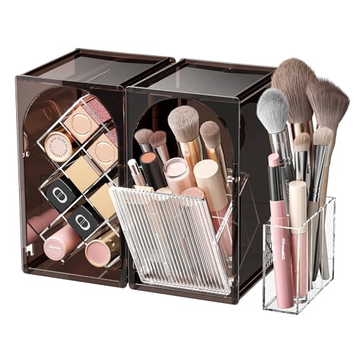 INVSSENE Stackable Makeup Organizer Countertop, Storage Perfume Skincare Cosmetic Lipstick Face Mask Makeup Brush Palettes, Ideal for Vanity Bathroom Counter - color: 3513 Coffee+Clear