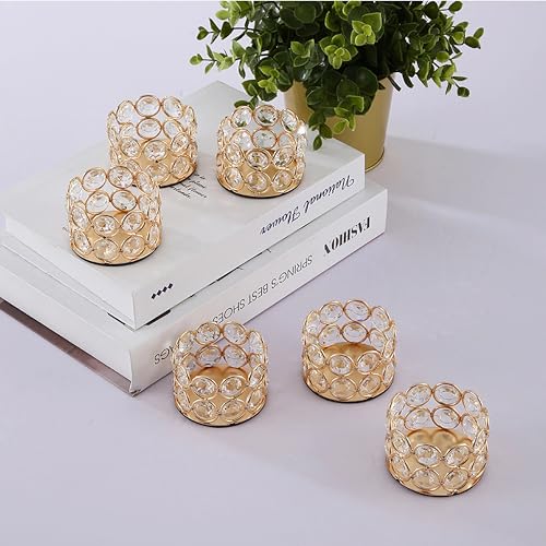 Crystal Tea Light Candle Holders，Gold Candlestick Holders for Home Decor Wedding Party Table Decoration Housewarming Gift (6 pcs)