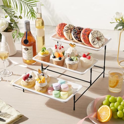 Lifewit 3 Tier Serving Tray, 30 x 17 cm/12 x 6.5" White Plastic Tiered Food Serving Platters, Tiered Tray Stand for Party with Black Collapsible Metal Stand, Dessert Display Stand for Cookies/Crackers - size: 12" x 6.5", style: Basic