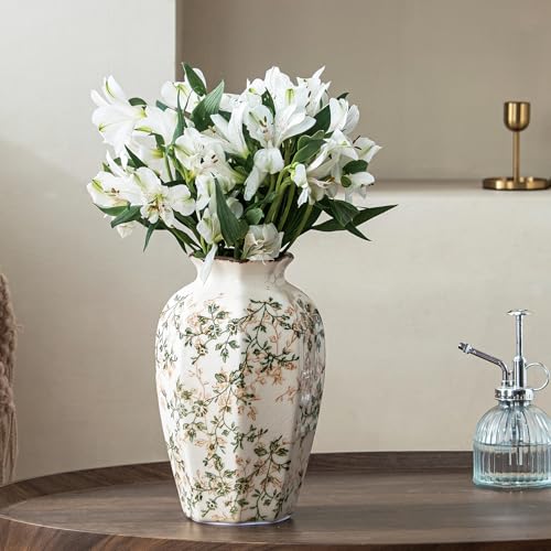 Ceramic Flower Vase | Green Rustic Farmhouse Vase for Home Decor, Vintage Floral Pottery Tuscan Octagonal Vase for Living Room & Kitchen, Mantel & Bookshelf, Centerpieces, Entryway, Wedding(9.1 Inch) - color: 02-green and Beige