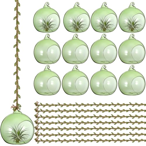 GlikCeil 13 Pcs 3.15'' Hanging Glass Candle Holder with Burlap Leaf Ribbon, Glass Orbs Air Plants Tea Light Candle Holders, Globe Plant Terrariums for Decor Indoor Outdoor Garden DIY (Green) - color: Green