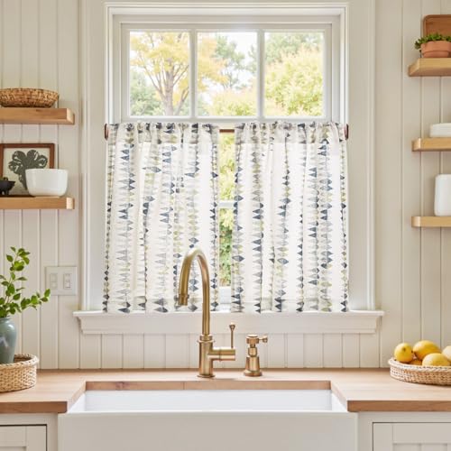 jinchan Mudcloth Boho Kitchen Curtains for Windows Light Filtering Linen Blend 24 Inch Farmhouse Country Tier Curtains Small Window Drapes for Laundry RV 2 Panels Rod Pocket Dusty Blue on Linen - color: Tribal | Dusty Blue on Linen, size: 26"W x 24"L (Pac