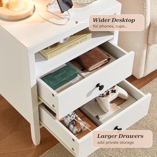 Huuger White Nightstand Set of 2, Night Stand with Charger Station, Bedside Table with 2 Drawers, Bed Side Tables for Bedroom, Modern Nightstands, Metal Knobs, Painted Surface - color: White